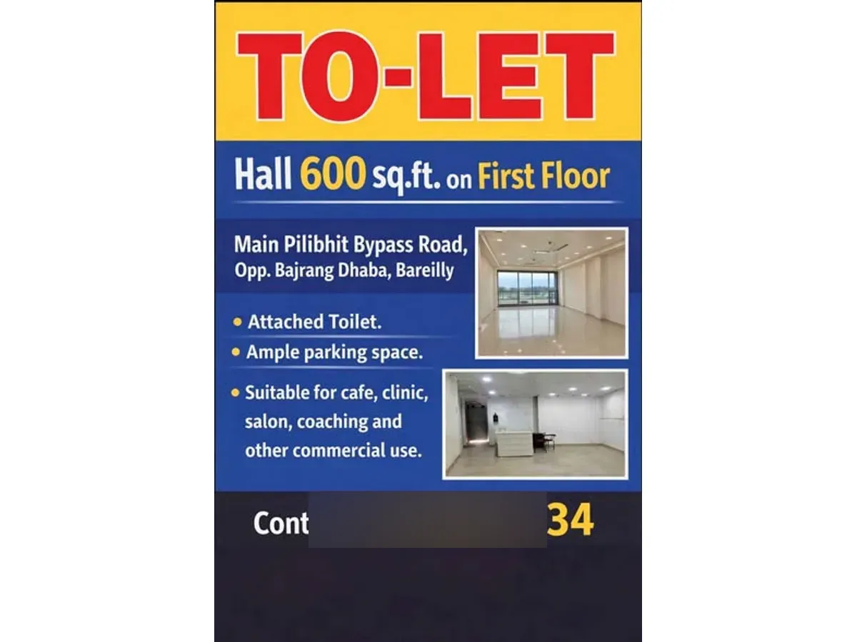 Spacious 600 sqft Commercial Hall for Rent on Pilibhit Bypass Road