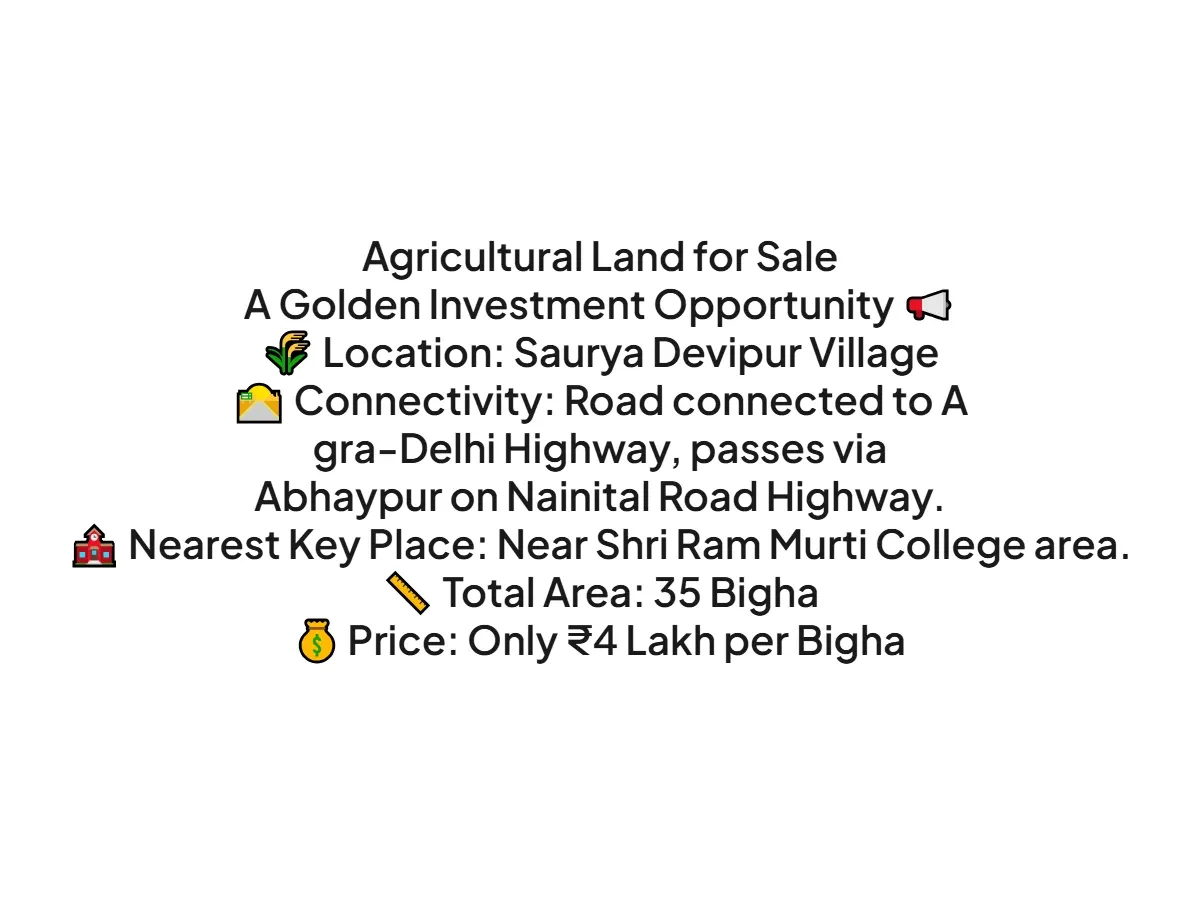 Prime Agricultural Land for Sale in Bareilly, 35 Bigha