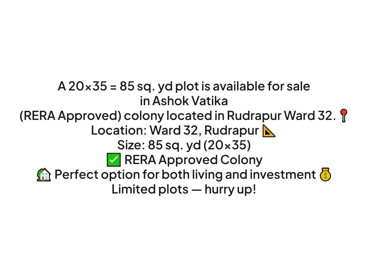 RERA Approved 85 Sq Yd Plot for Sale in Rudrapur